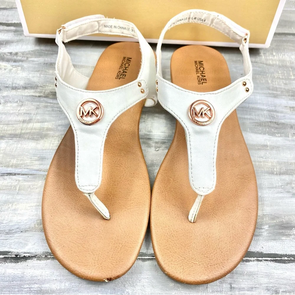 Michael Michael Kors White Thong Sandal “Sumac” Ankle Strap Rose Gold In Box 4M - Picture 6 of 16